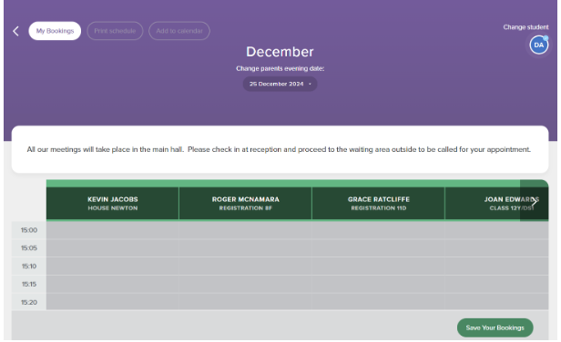 Screenshot of the parents' evening booking screen, displaying the 'Save Your Bookings' button in the bottom-right corner.